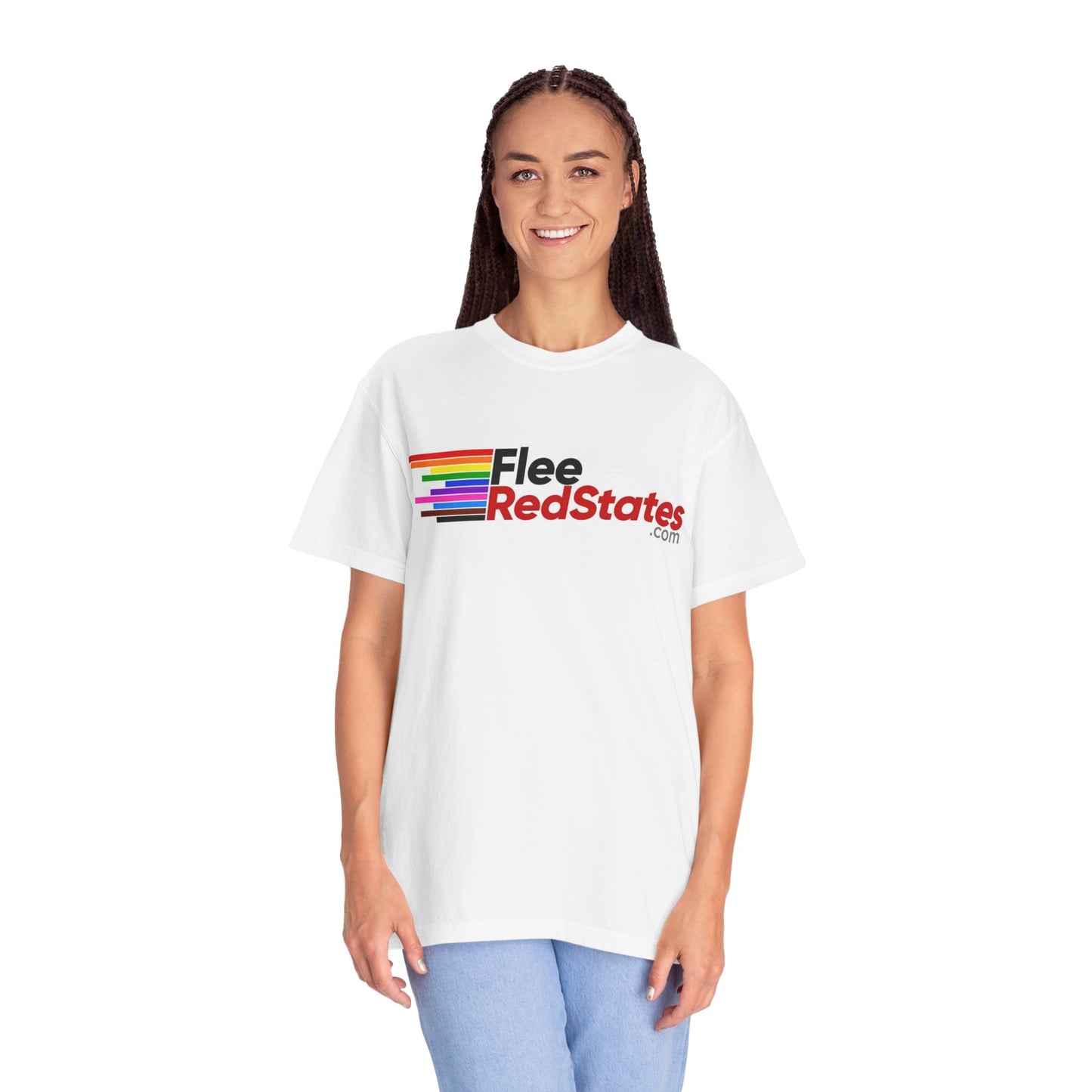 Flee Red States W- LGBTQ World Map on back - Pride T-Shirt - Unisex Garment-Dyed Tee for LGBTQ+ Advocacy
