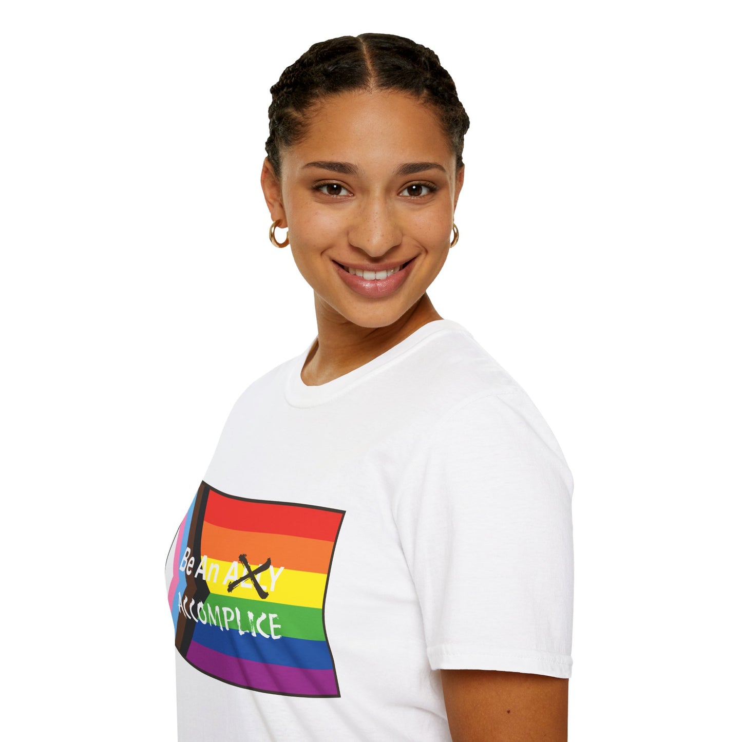 LGBTQ Be An Accomplice T-Shirt - Unisex Softstyle Tee with Rainbow Design