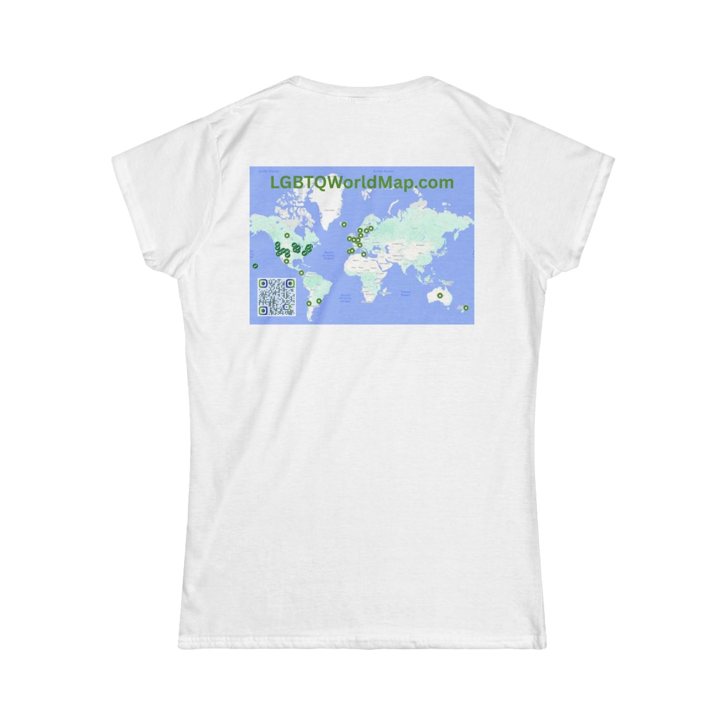 Flee Red States W-LGBTQ WORLD MAP on back- LGBTQ PRIDE - Women's Softstyle Tee