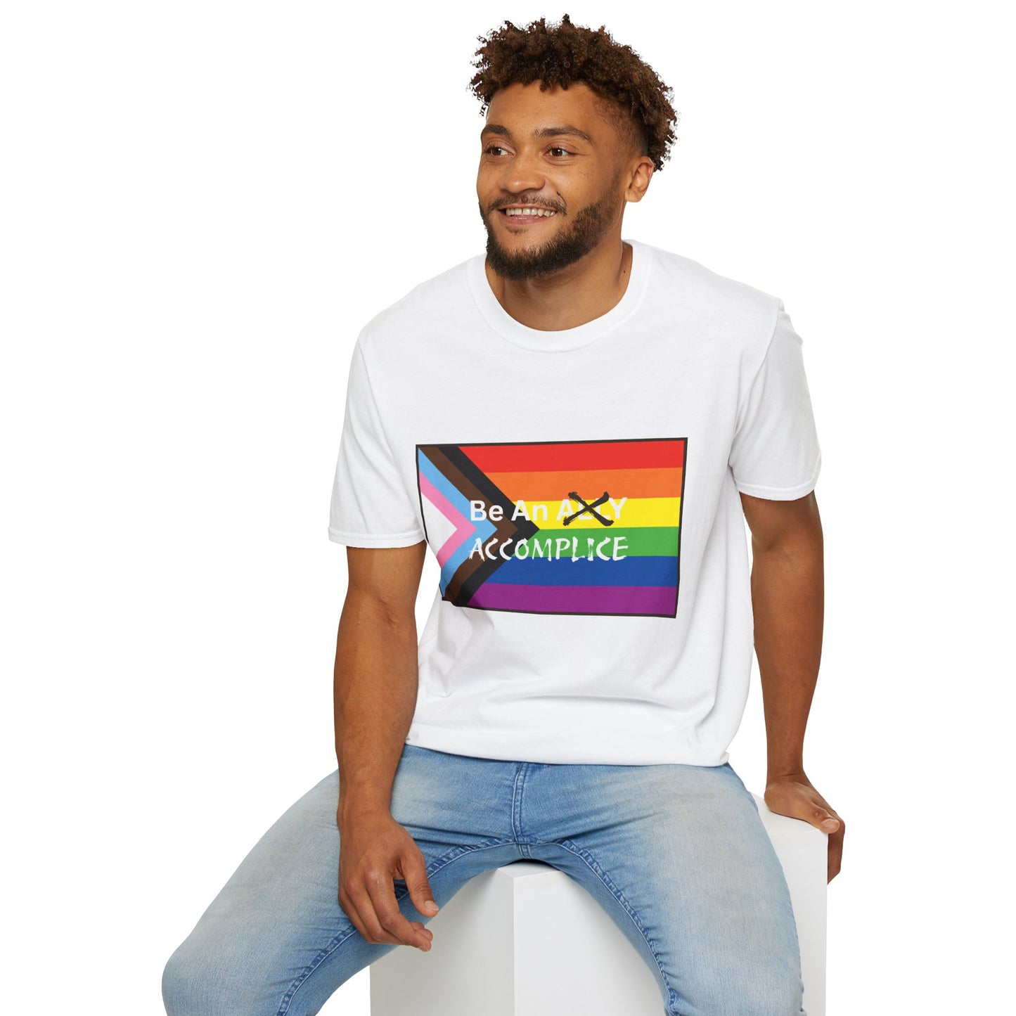 LGBTQ Be An Accomplice T-Shirt - Unisex Softstyle Tee with Rainbow Design