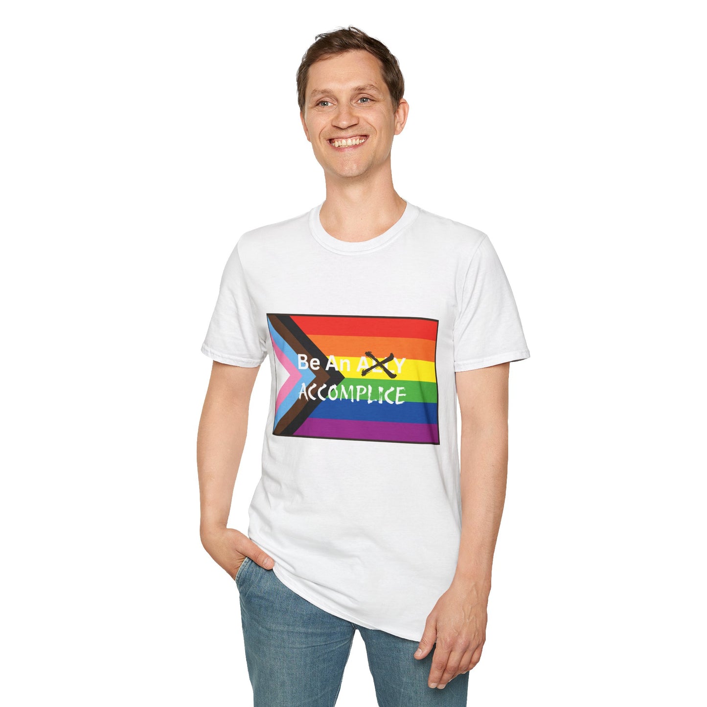 LGBTQ Be An Accomplice T-Shirt - Unisex Softstyle Tee with Rainbow Design